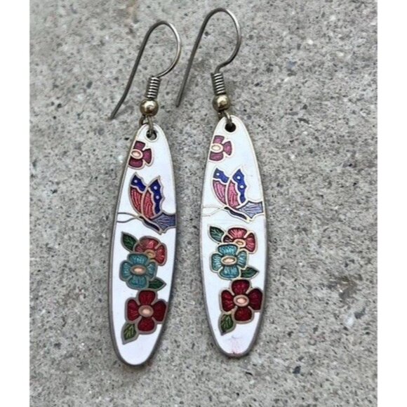 Vintage Enamel Flower & Butterfly Brass Earrings Pierce Dangle Work Gold Tone - Picture 1 of 9